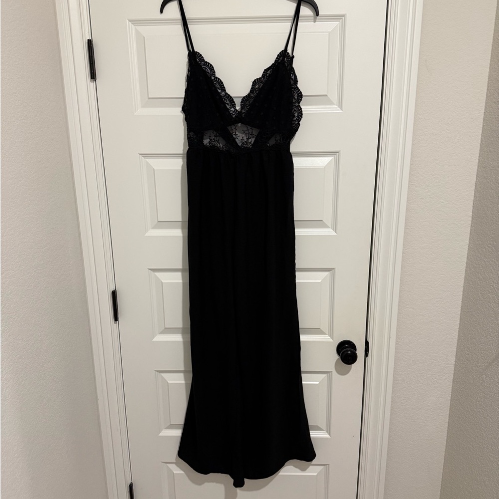 Black Lace-Trim Slip Jumpsuit